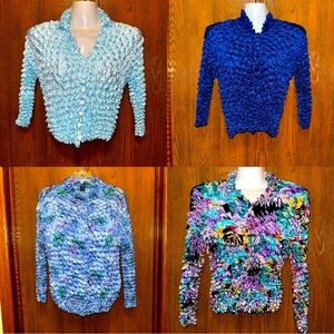 Lot of 4 Women’s Puffy-Popcorn Stretchy long sleeve button down tops blues